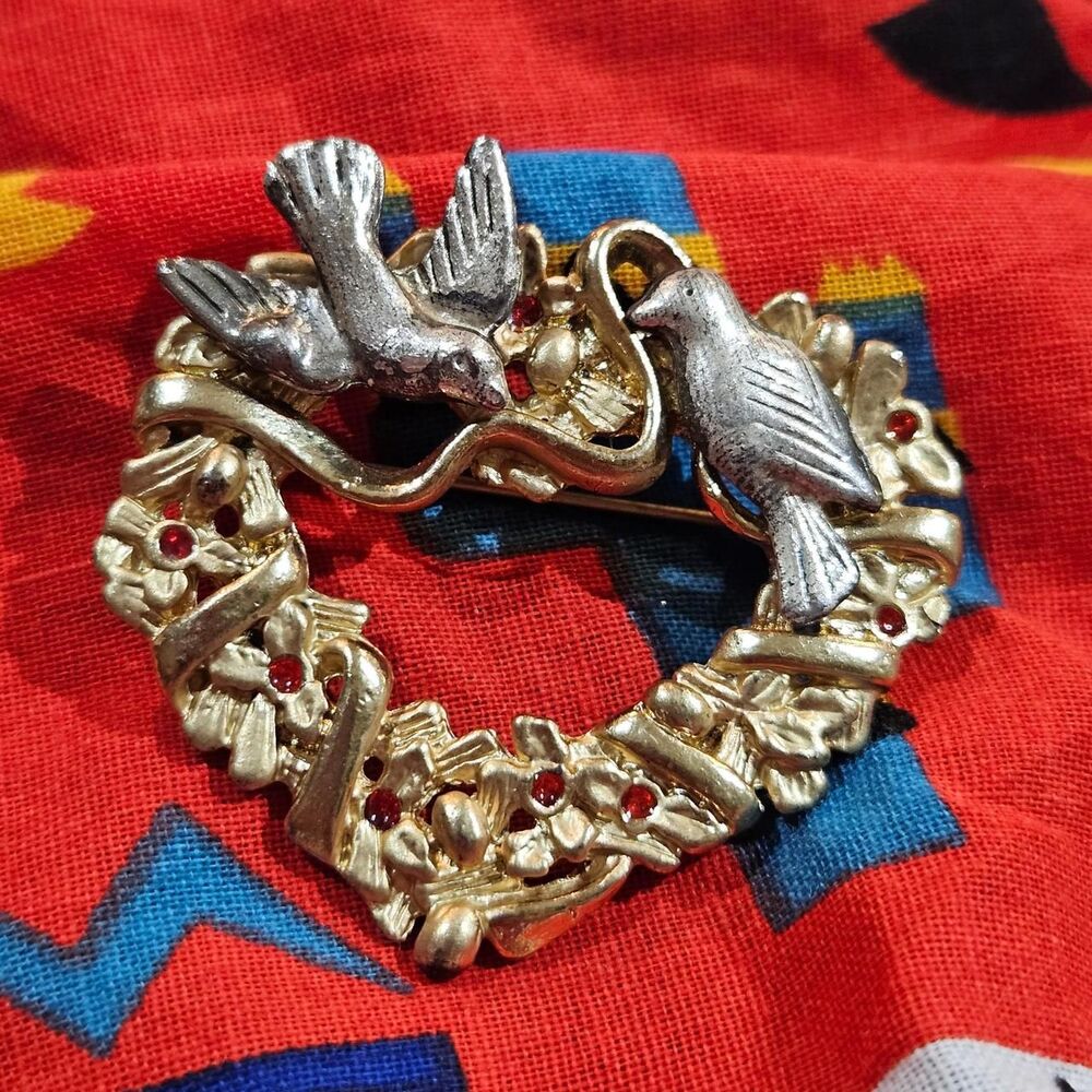 vintage cottagecore coquette gold silver tone birds heart wreath red stones